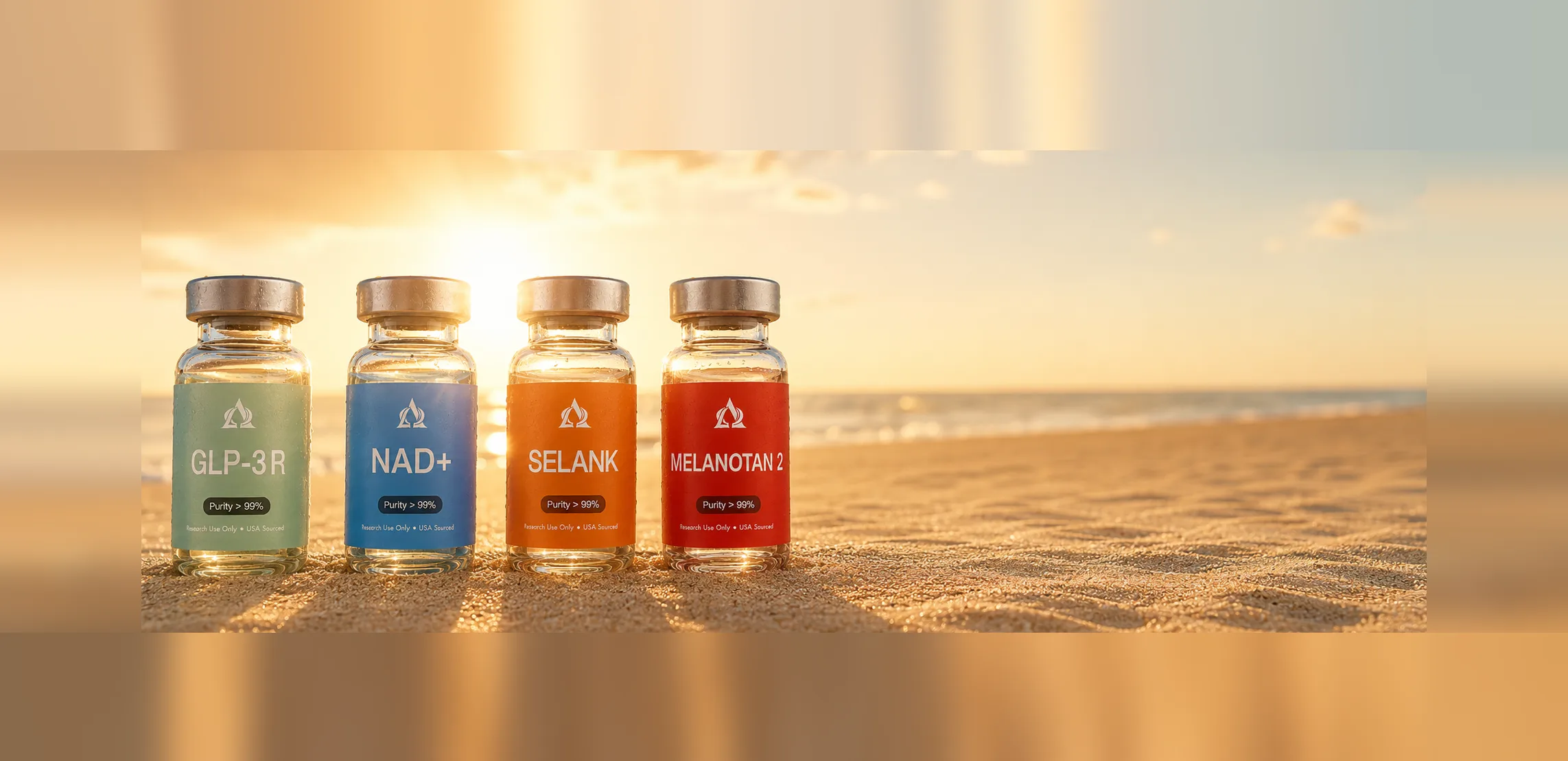 Alpha Gen GLP-3 R, NAD+, Selank and Melanotan II research vials standing on a beach at sunset