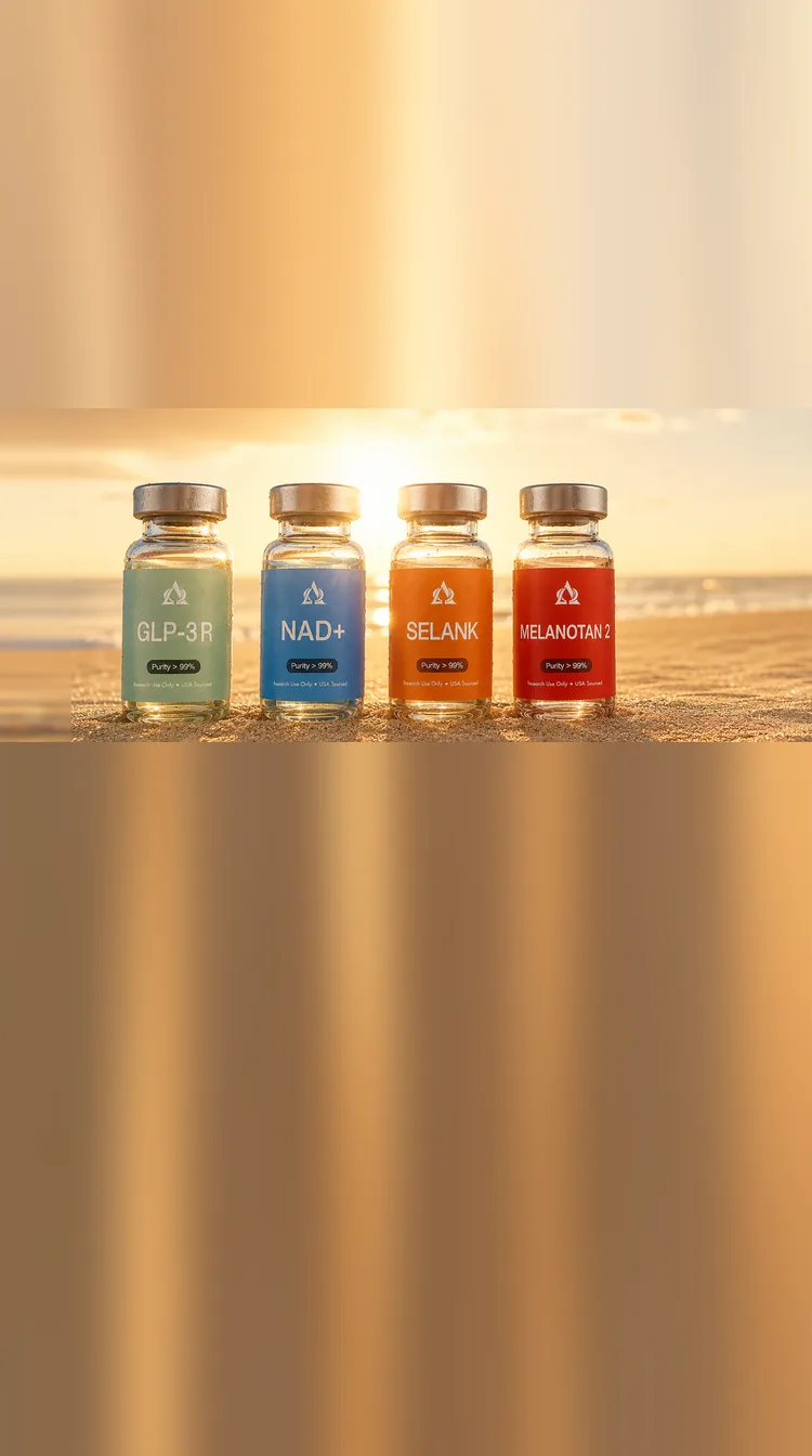 Alpha Gen GLP-3 R, NAD+, Selank and Melanotan II research vials standing on a beach at sunset